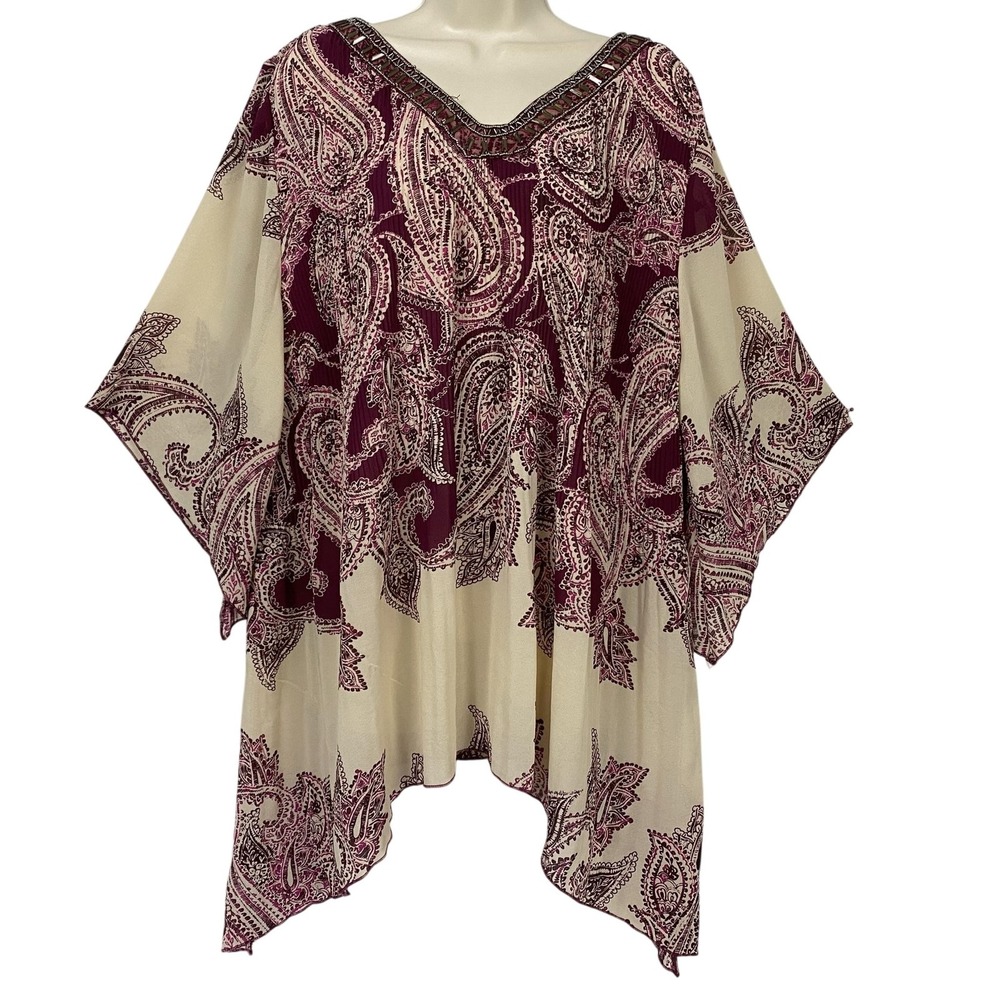 Catherines Tunic Top Womens 2X Petite Purple Paisley Beaded Kimono Sleeve Boho